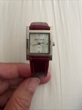 Skagen Red Leather Strap Stainless Steel Square Dial Watch
